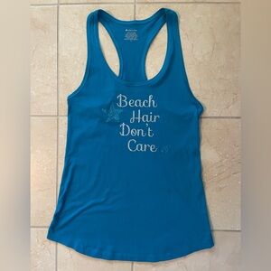 “Beach Hair Don’t Care” Turquoise Sparkle Graphic Tank Top